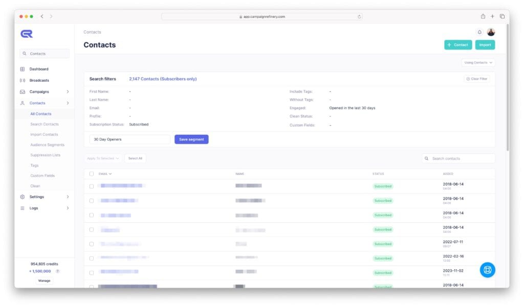 Campaign Refinery feature Audience Groups 30 Day Openers