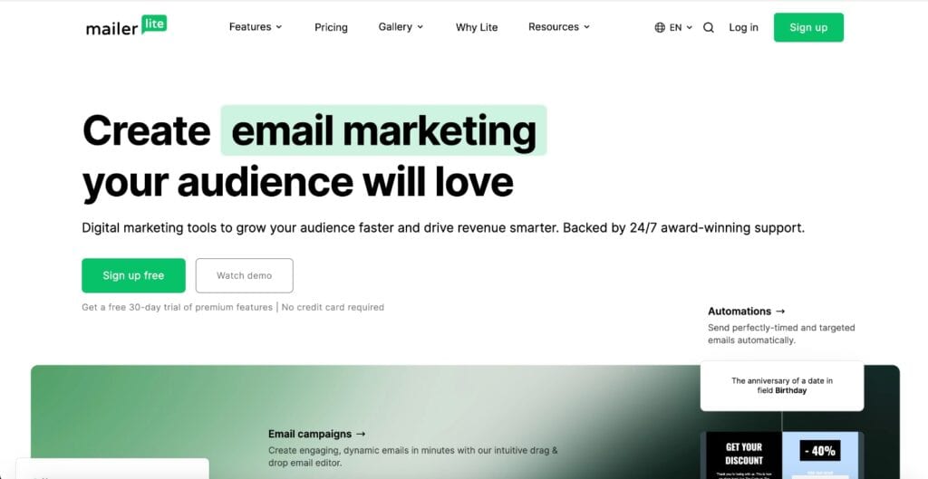 Mailerlite homepage