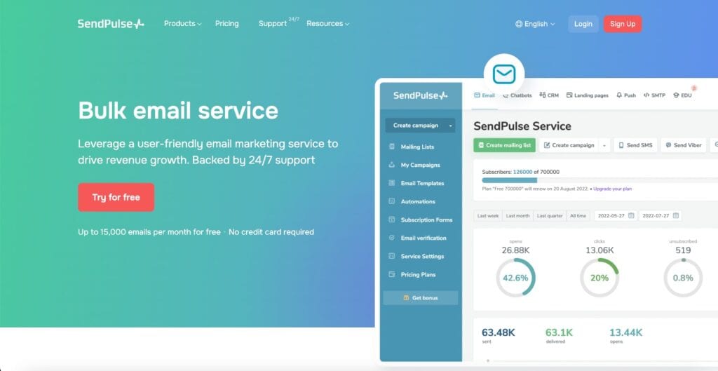 Sendpulse email homepage