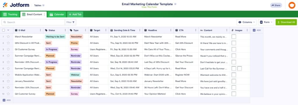 Jotform email calendar template