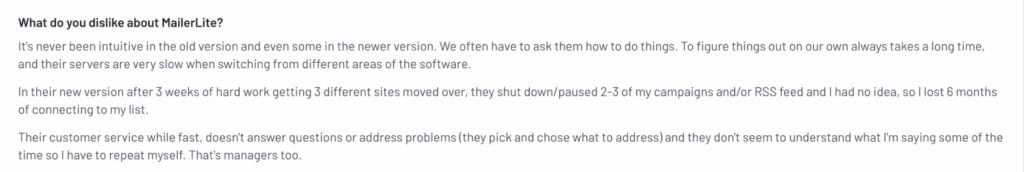 MailerLite negative user review 1