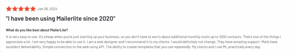 MailerLite positive user review 3