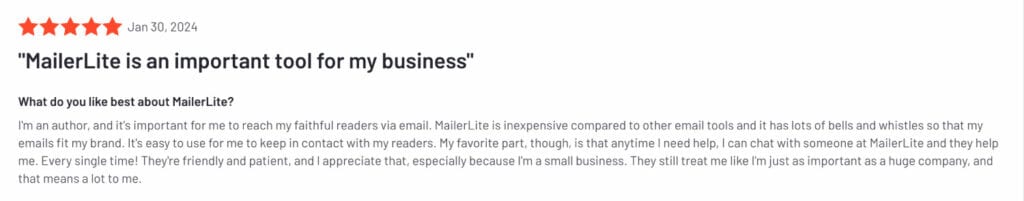 MailerLite postive user review 2
