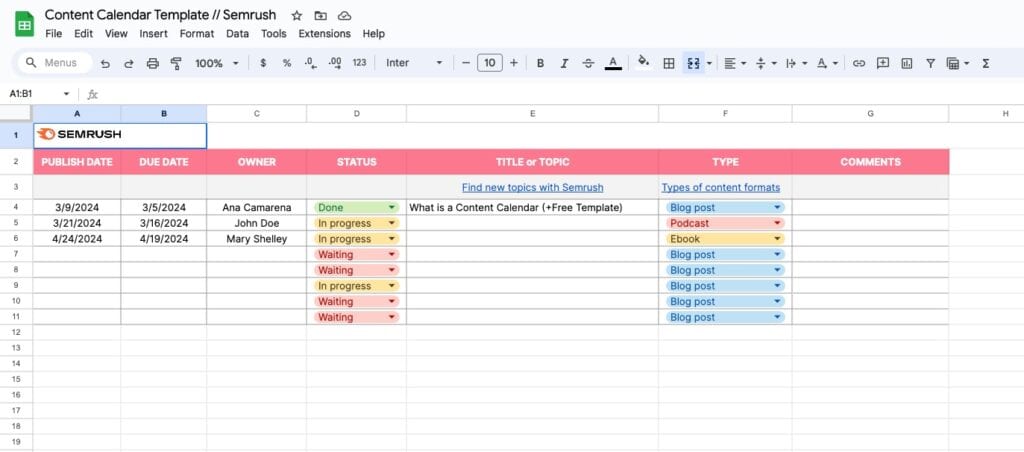 Semrush Content Calendar template