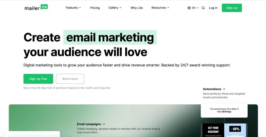 Mailerlite homepage