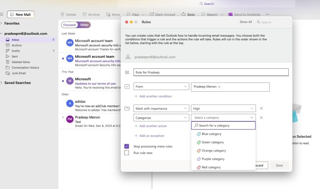 Creating a rule in Outlook
