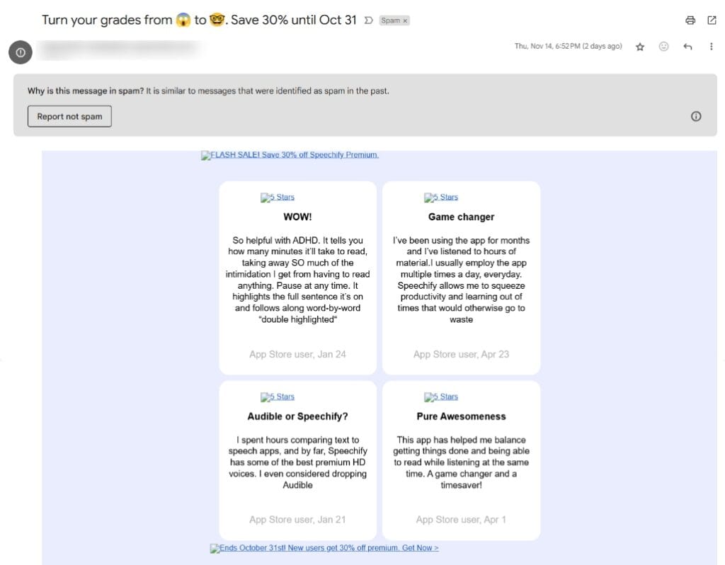 promotional email spam example