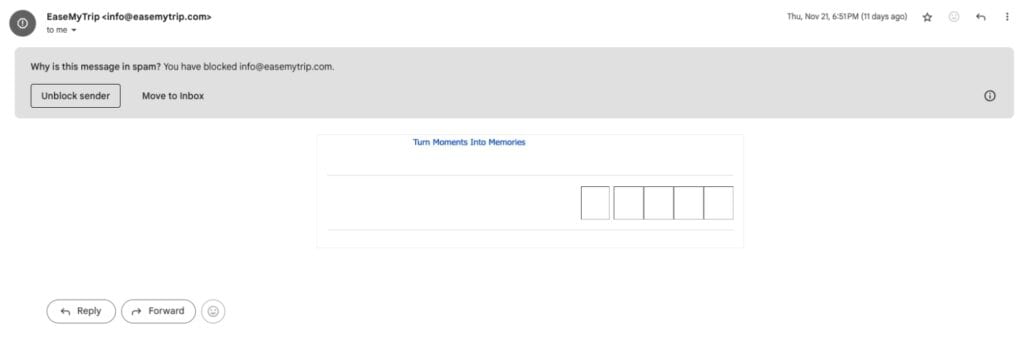 EaseMyTrip email button bad example