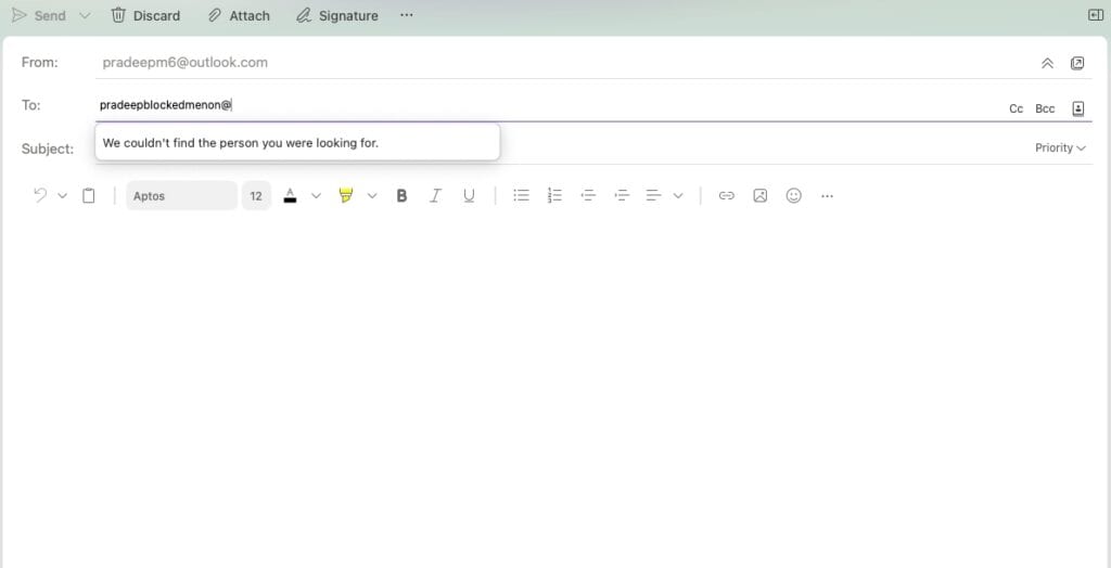 Error on Outlook blocked email address