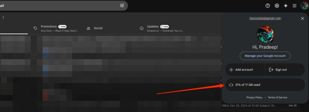 Gmail storage check