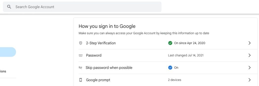Google account settings