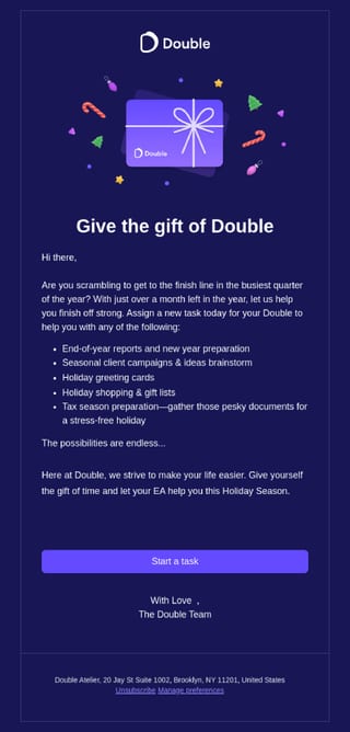 Example of proper email content in holiday email campaigns