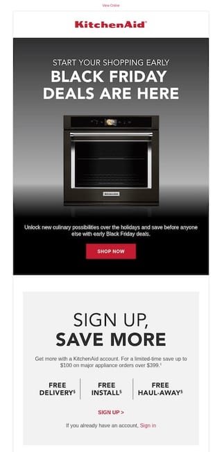 KitchenAid announces Black Friday sale and invites more people to sign up - email list building at its best!