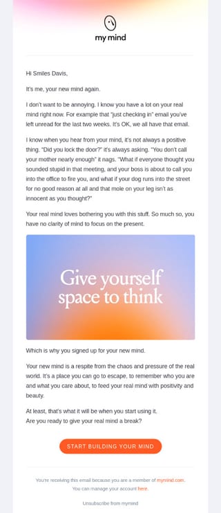 Re engagement Email Campaign #1 – My Mind – Give Yourself Space to Think
