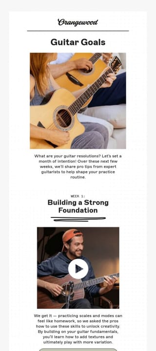 Orangewood Guitars Email Digest example showing people play guitars