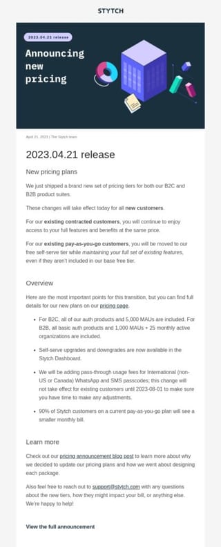 Stytch new product launch promotional email