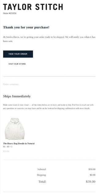 Taylor Stitch Purchase Confirmation