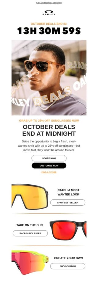 broadcast email example promoting sunglasses with a photo of a man wearing sunglasses oakley