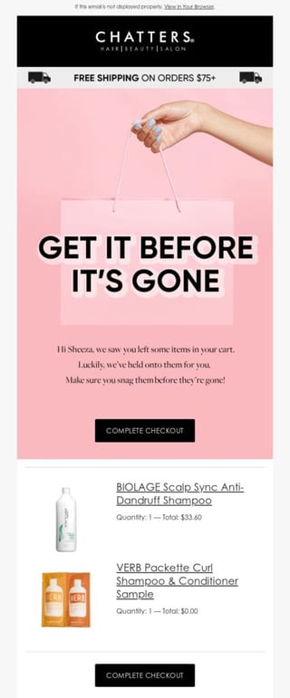 Chatters Salons Abandoned Cart Email