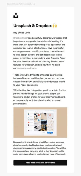Unsplash &amp; Dropbox Partnership Announcement Email