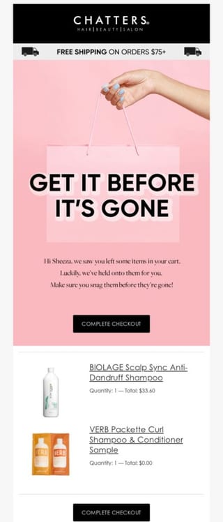 Abandoned cart email example