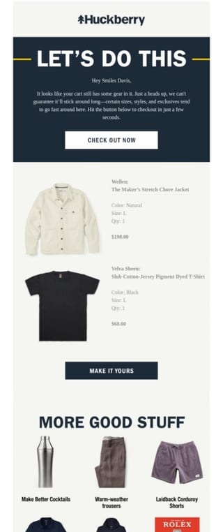Abandoned cart email example