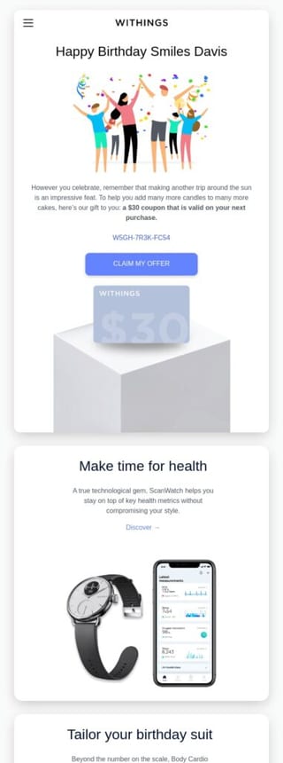 Automated email response example — Birthday or anniversary email