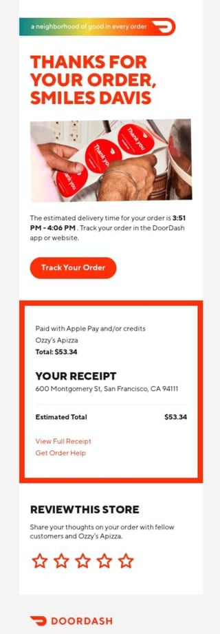 DoorDash order confirmation email