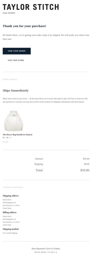 retail order confirmation example