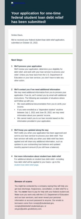 Example of application for student debt relief