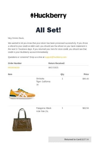A Huckberry transactional email for a product return