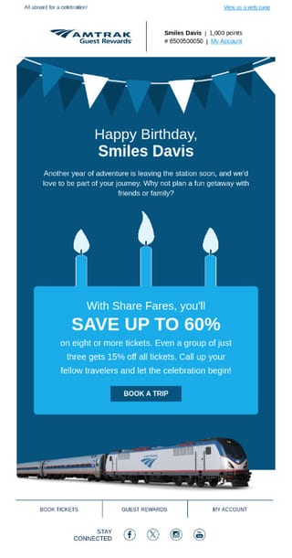 A birthday email from Amtrak