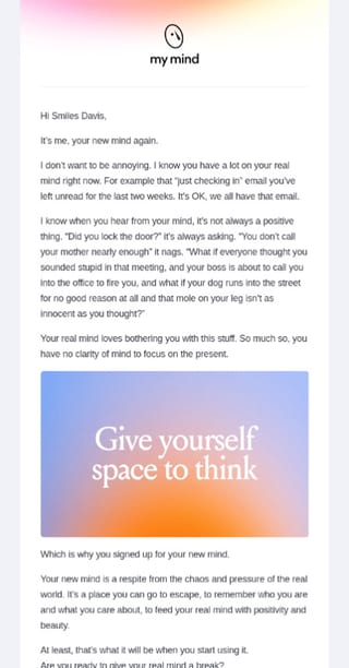 A re-engagement email from the My Mind app