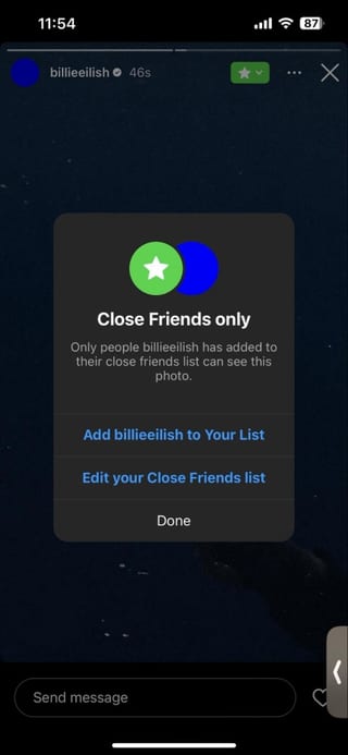 Billie Eilish Close Friends story on Instagram guerilla marketing example