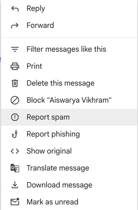 Example of a customer reporting spam on an email