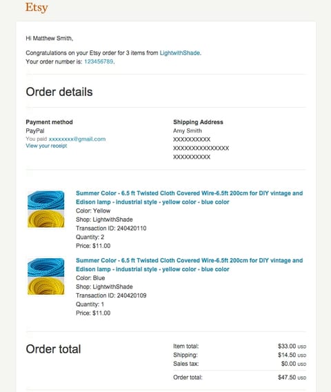 Etsy order confirmation email