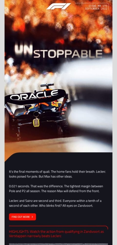 Broadcast email example promoting Formula 1