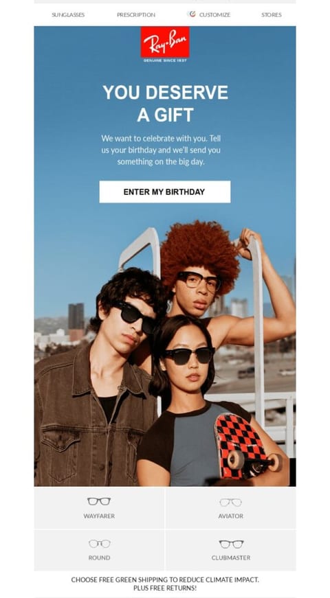Ray Ban Birthday reward promotional email