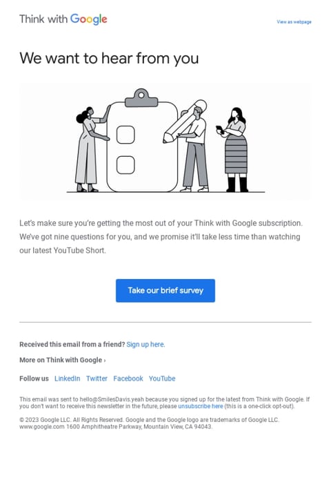 broadcast email example from Google with a cartoon and a blue button