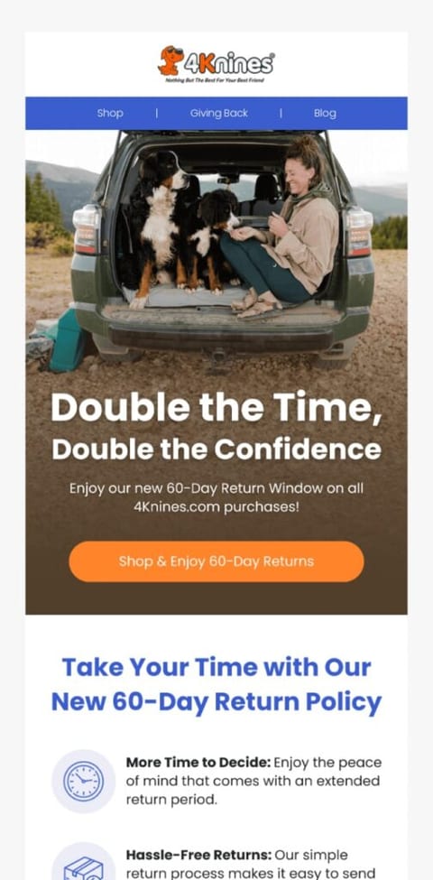 broadcast email example showing a person in a camping van with 2 dogs