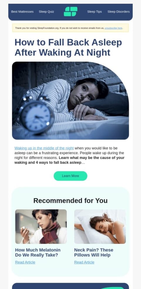 broadcast email example promoting pillows with photos of women on pillows