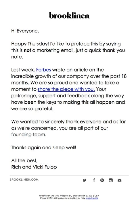 Brooklinen Thank You Email – Nurture Email Campaign copy example