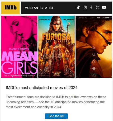 IMDB direct email with new 2024 feature movies