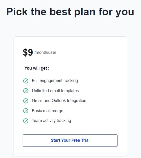 Saleshandy plugin Pricing Options