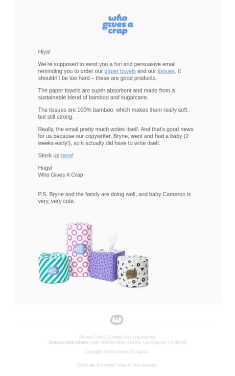 Who Gives a Crap Notification Email Content