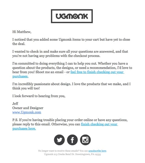 Automated email response example — Abandoned cart recovery email
