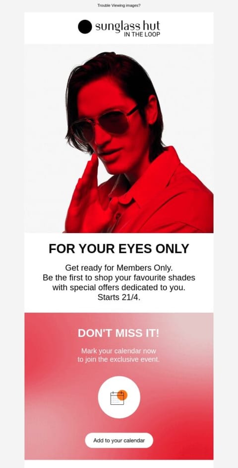A screenshot of an email from Sunglass Hut