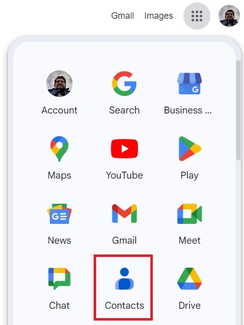 Choose “Contacts” from the Apps menu in Google Chrome