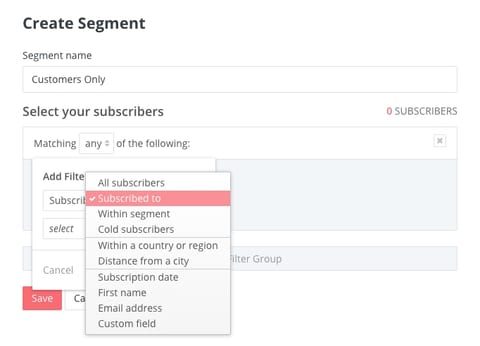 A screenshot of ConvertKit’s segmentation interface