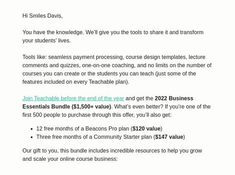 Teachable Newsletter with a text ad